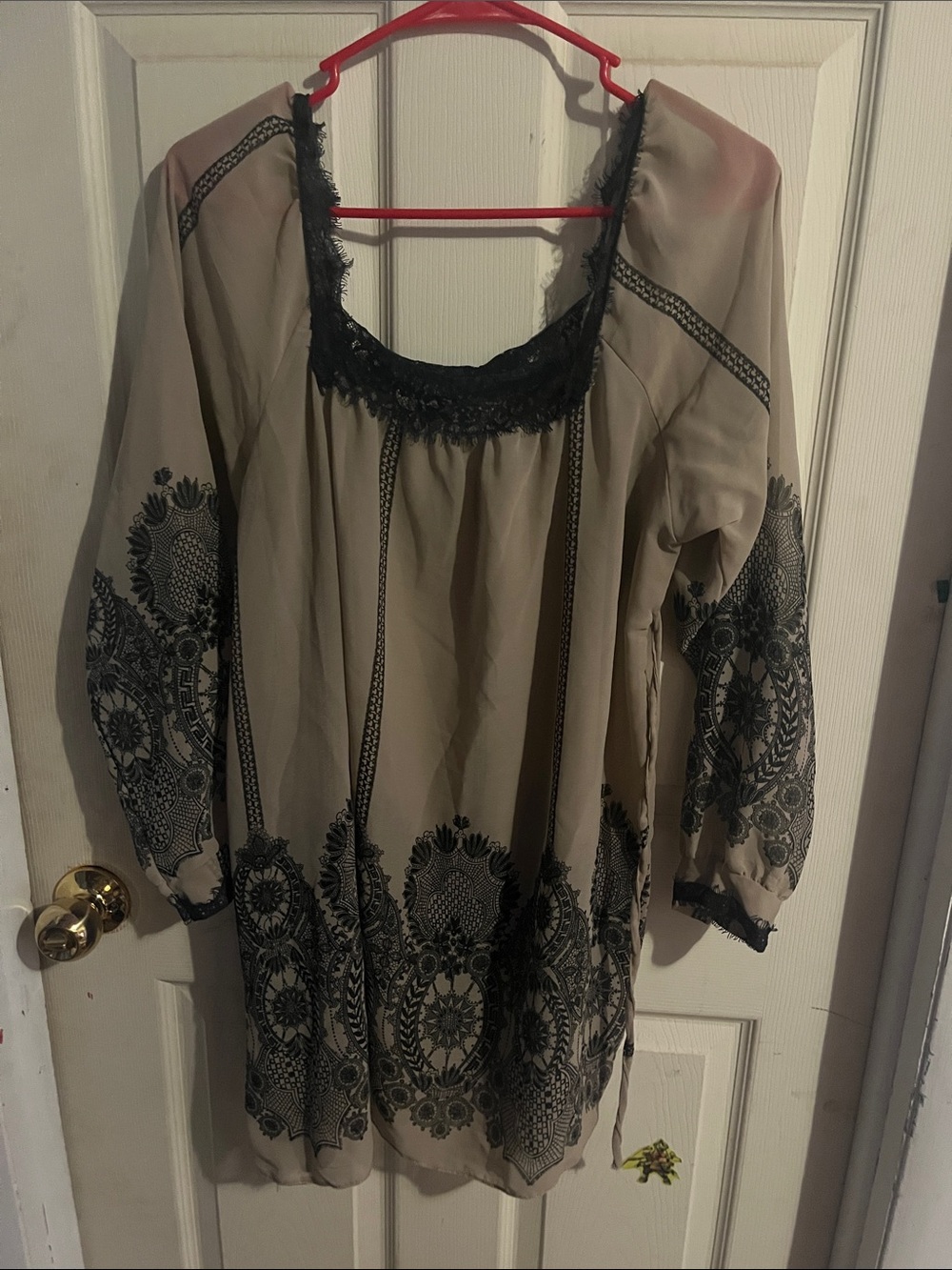 Fun & Flirt Beige Tunic with Black Lace and Printed Trim